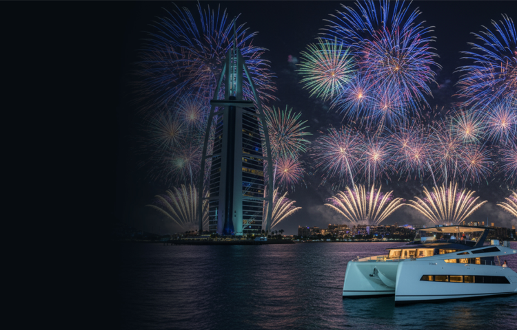 Dubai New Year’s Eve Yacht Rental 2026 fireworks cruise with luxury yacht and Burj Al Arab