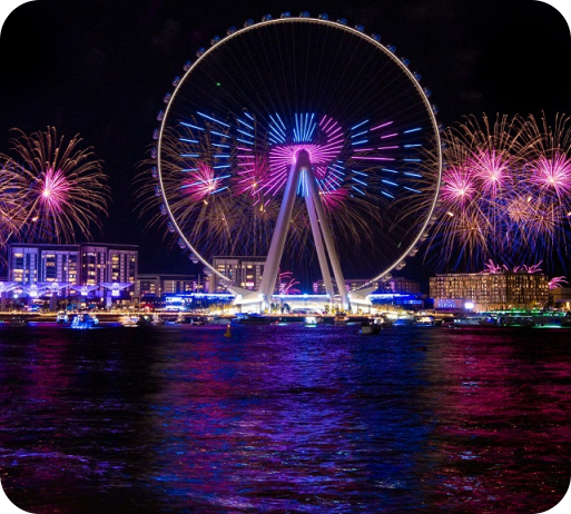 Dubai Ain Wheel fireworks display from New Year yacht rental