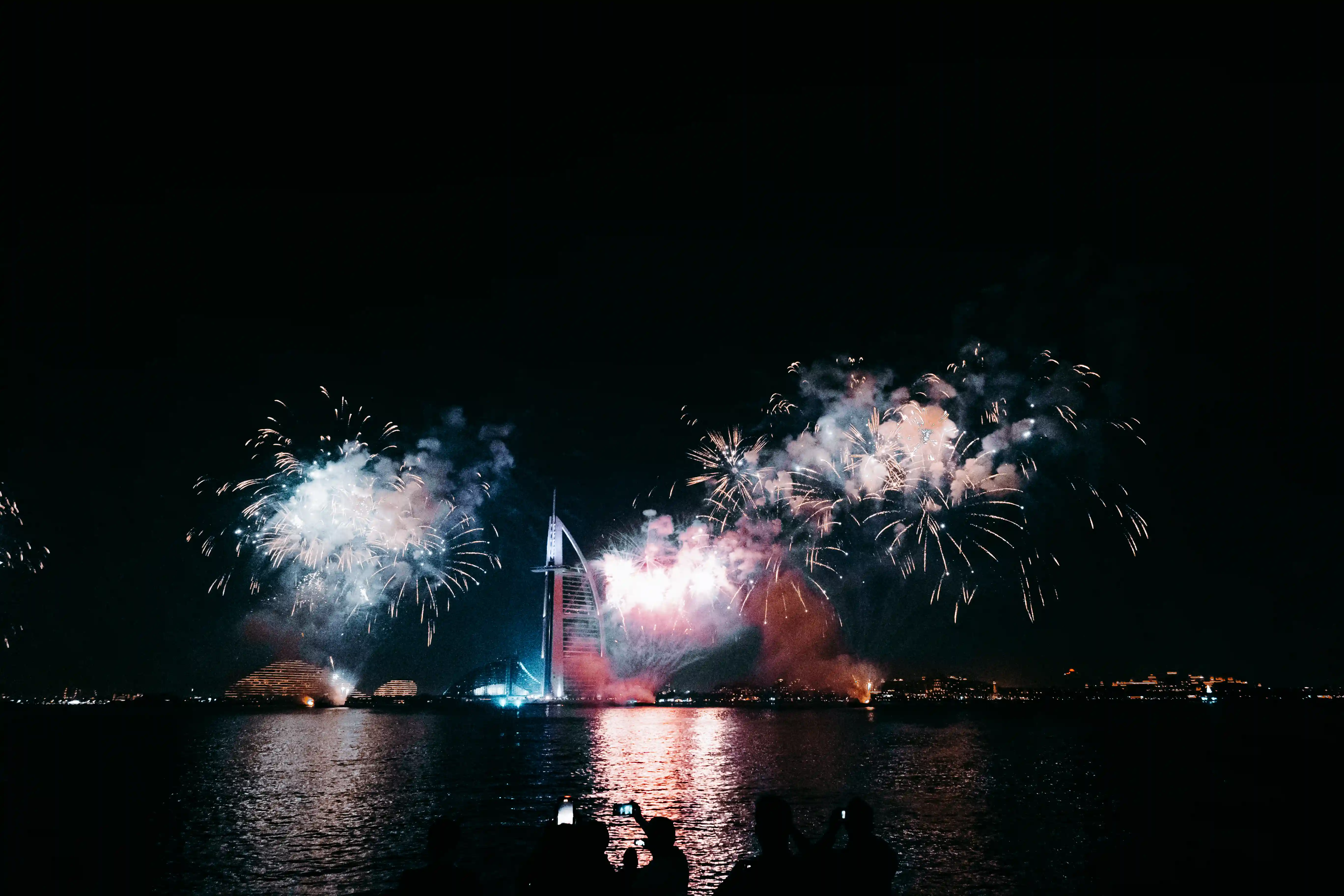 Fireworks show near Burj Al Arab seen from chartered yacht