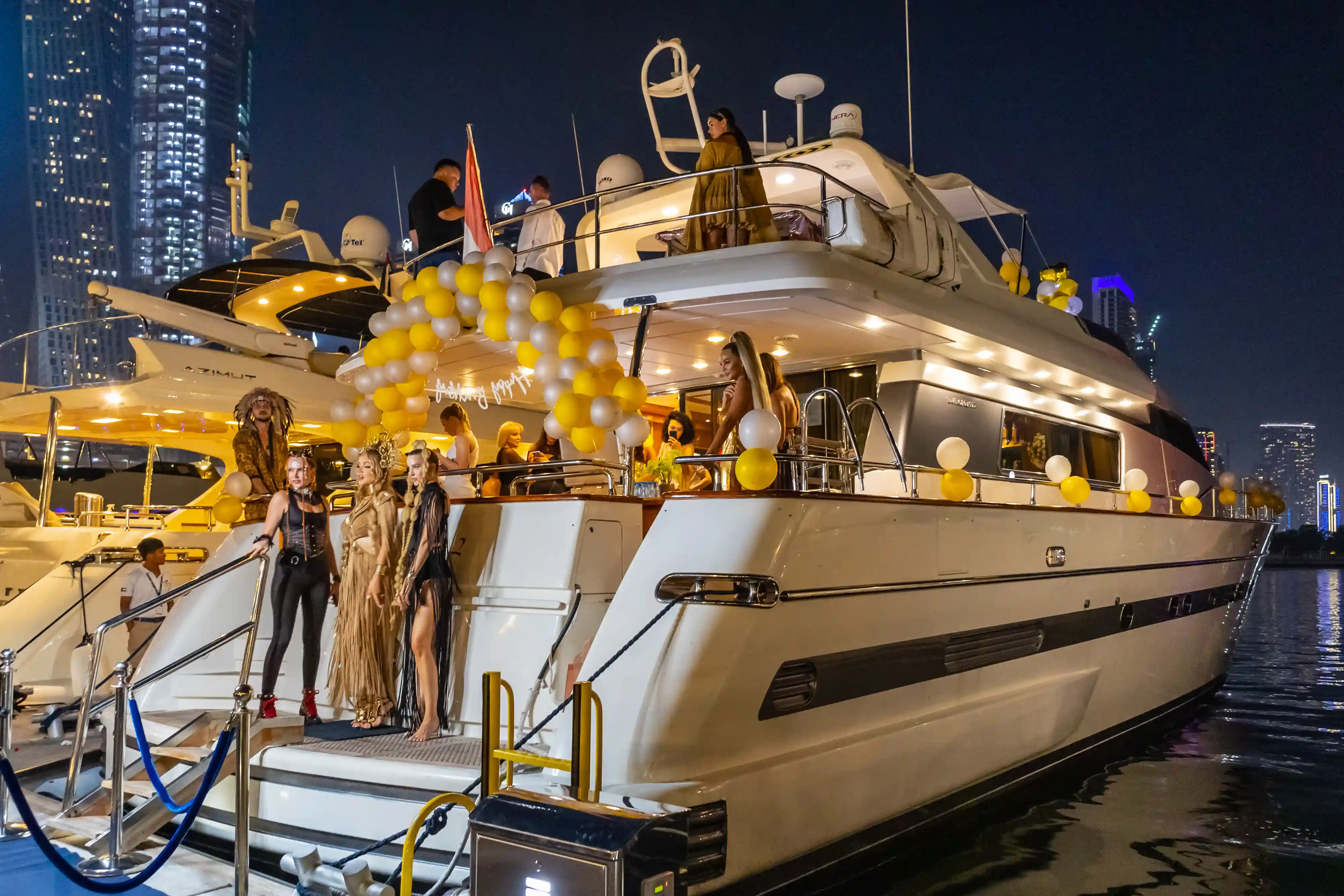 Premium yacht party setup with decorations for Dubai New Year’s Eve celebration