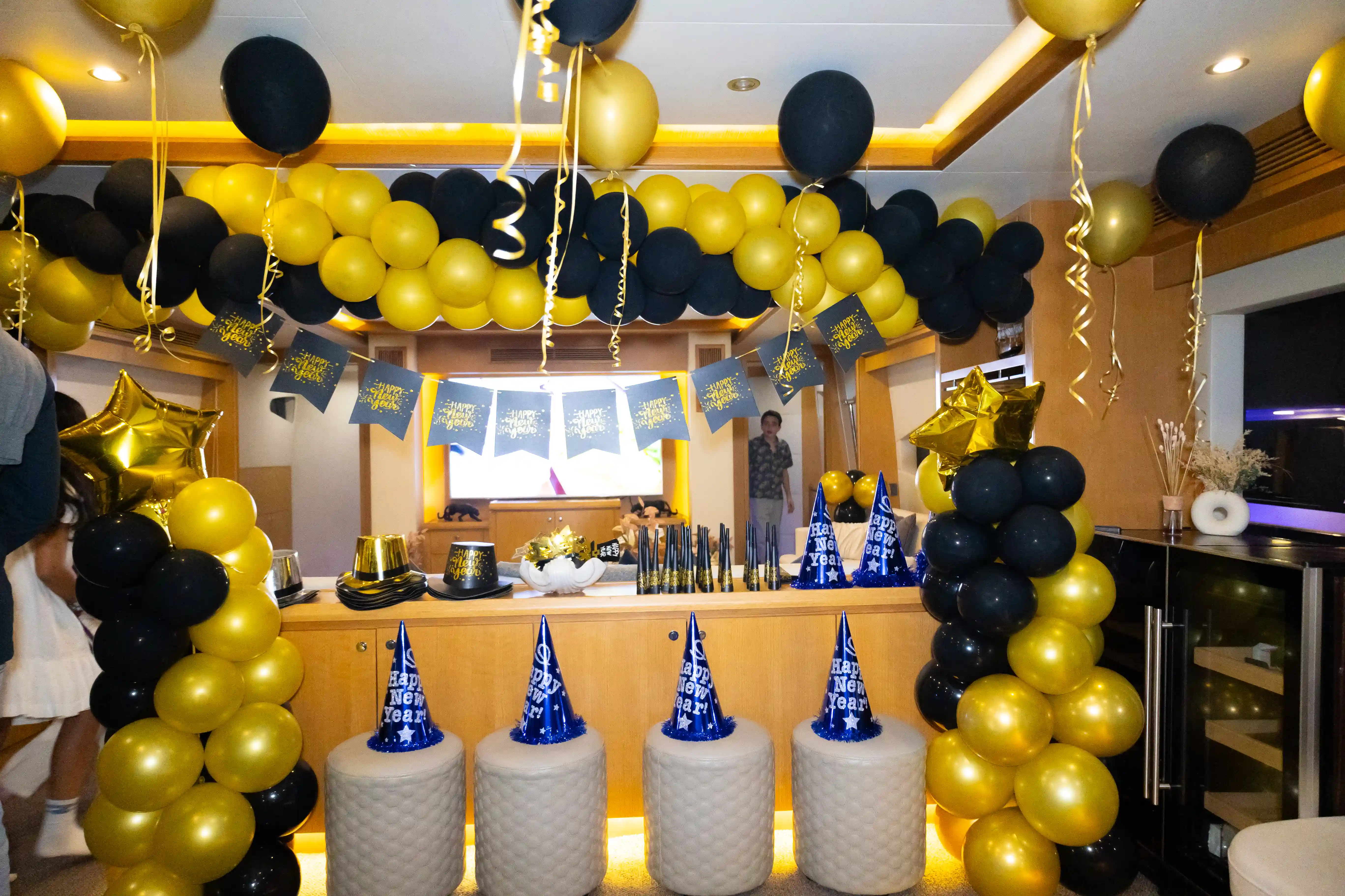 Premium yacht interior setup with New Year decorations for Dubai NYE celebration