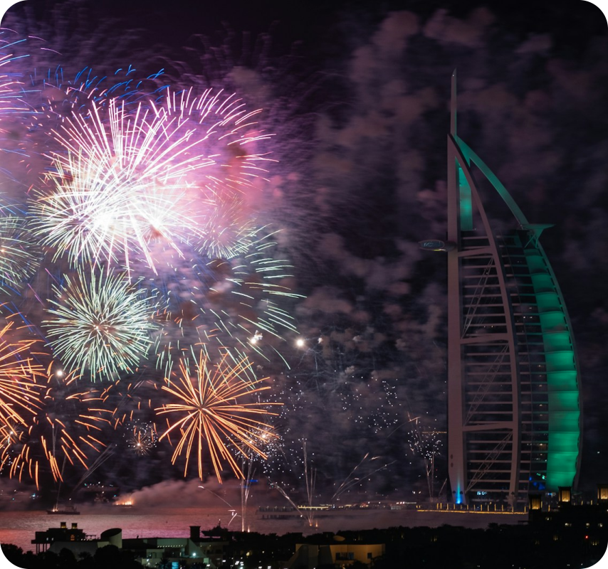 Fireworks show near Burj Al Arab seen from chartered yacht