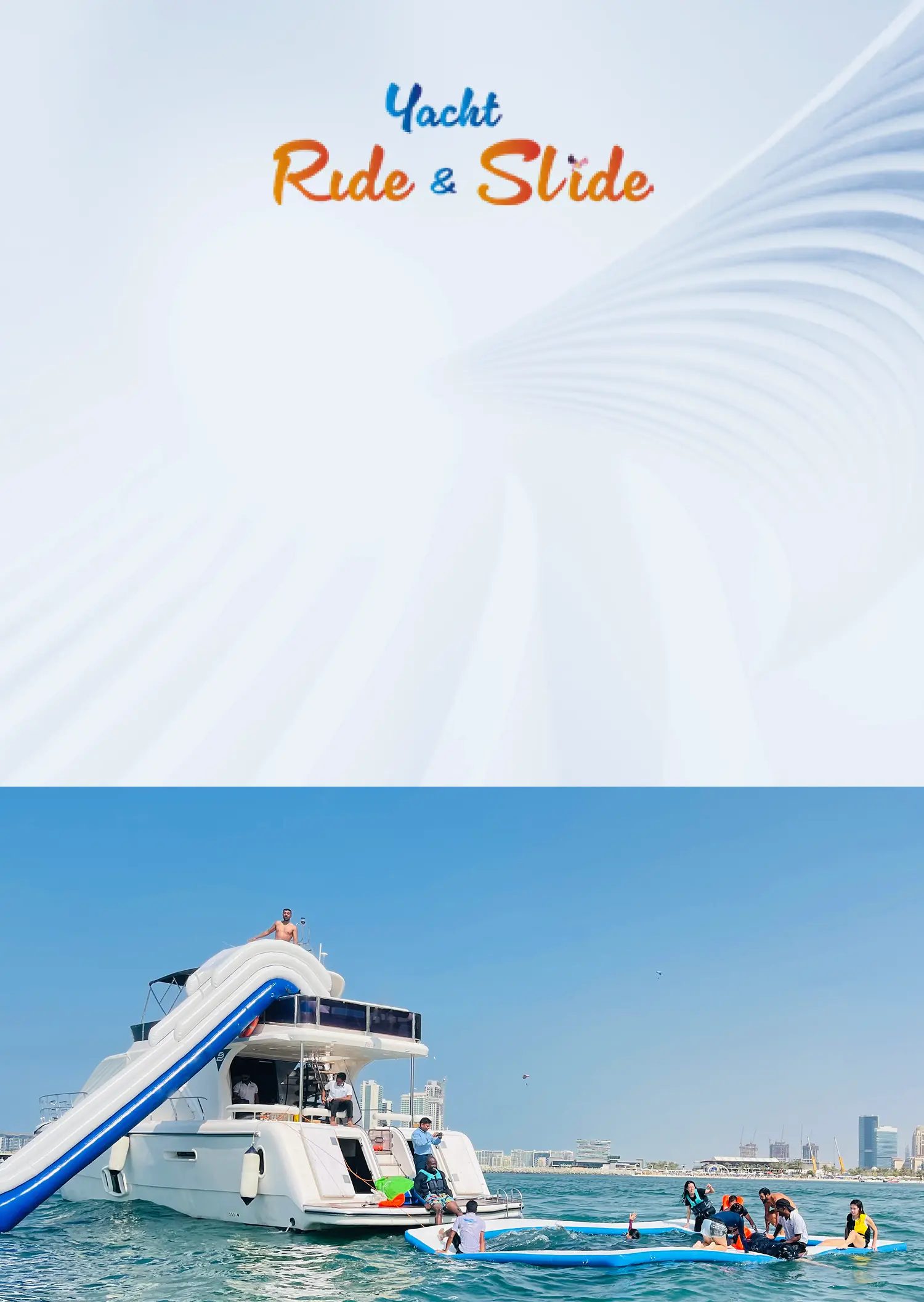 Tourists play ride & slide on a yacht rental in Dubai