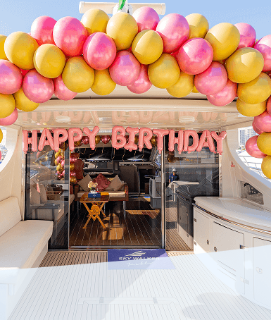 The yacht was decorated with birthday party themed decorations